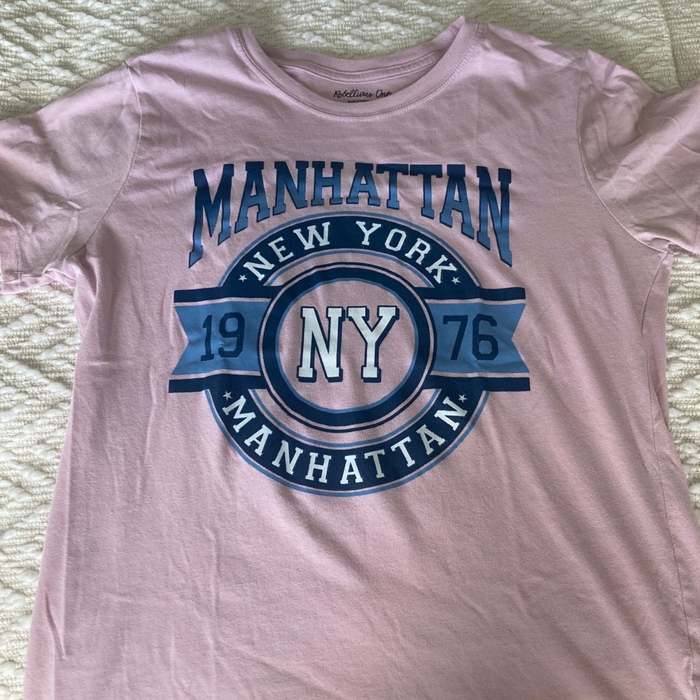 Pink Graphic Tee with Blue Manhattan Print
